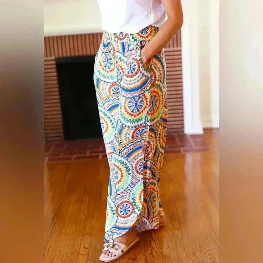 Multicolor Mandala Smocked Waist Side Slit Palazzo Pants